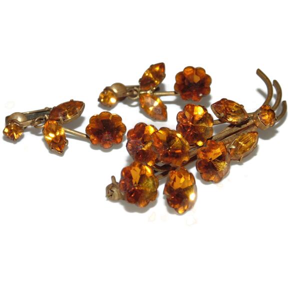 Vintage Estate Crystal Citrine Orange Stones Brooch Earrings Set Costume Jewelry - Picture 2 of 6